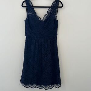 Amsale Bridesmaid Lace Dress Navy V Neck Knee Length size 12 NWT